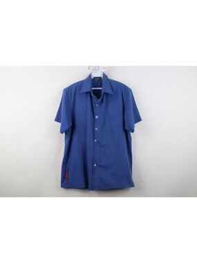 Vintage 90s Prada Mens Large Faded Short Sleeve Collared Button Shirt Blue Italy